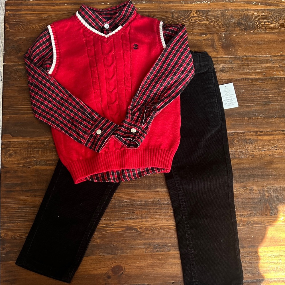 Izod Red & Black Kids Button Down Shirt with Sweater Vest & Black Corduroy Pants